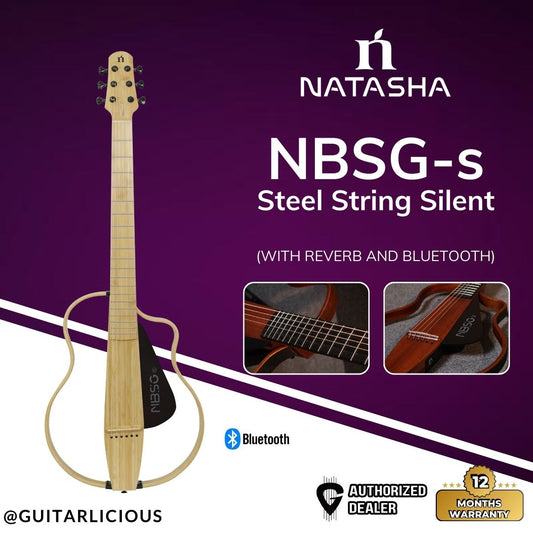 Natasha NBSG-s Steel String Silent Smart Guitar (with Reverb and Bluetooth) - Non Rechargable - Natural