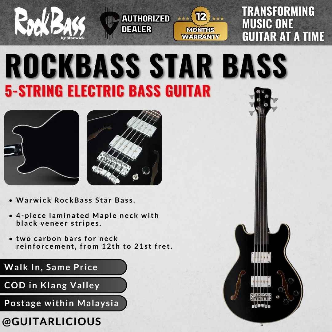 Warwick RockBass Star Bass 5-String Electric Bass Guitar, Solid Black High Polish