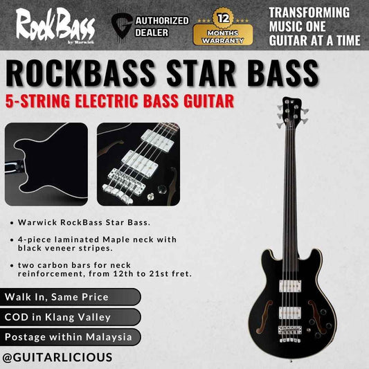 Warwick RockBass Star Bass 5-String Electric Bass Guitar, Solid Black High Polish