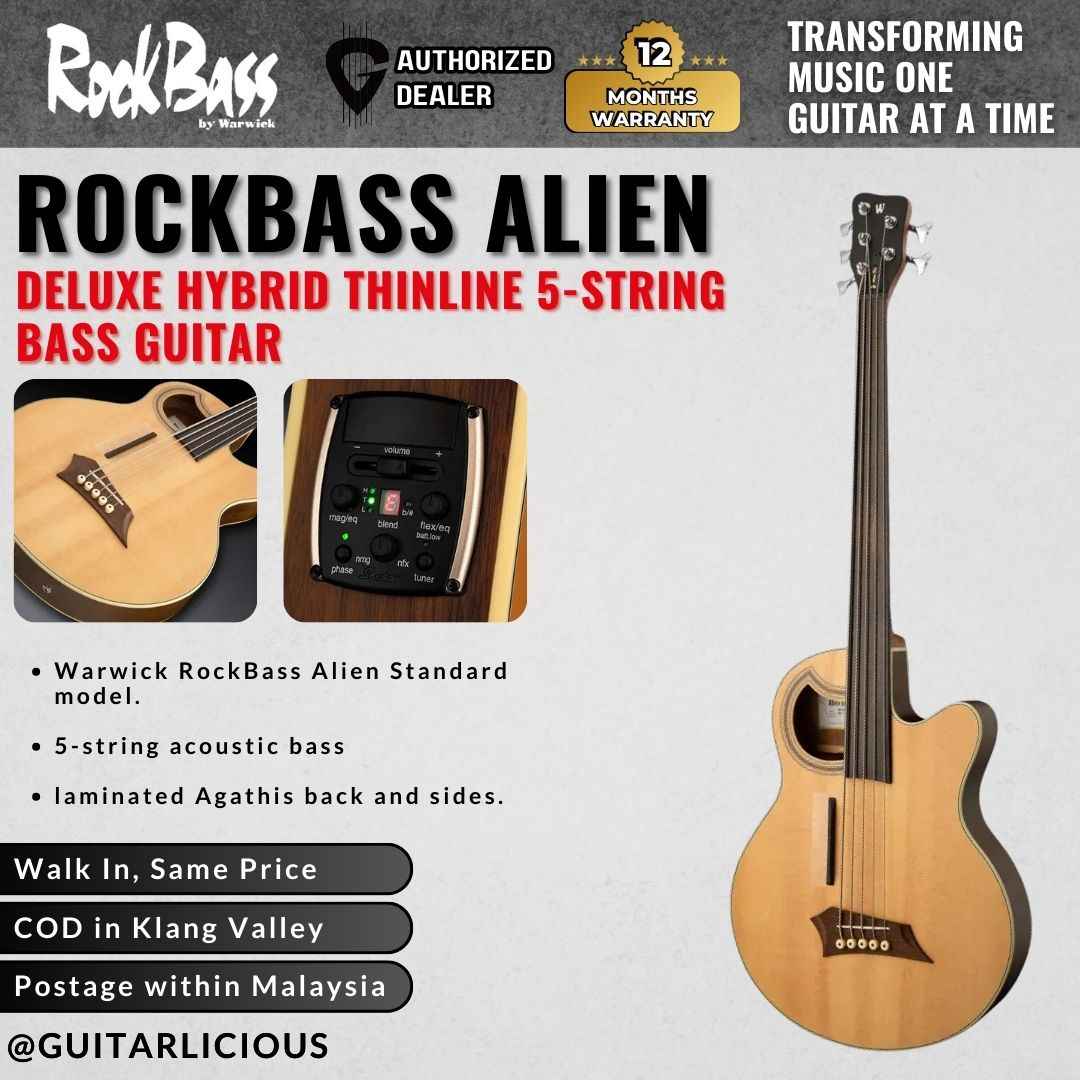 Warwick RockBass Alien Deluxe Hybrid Thinline 5-String Bass Guitar, Natural Transparent Satin