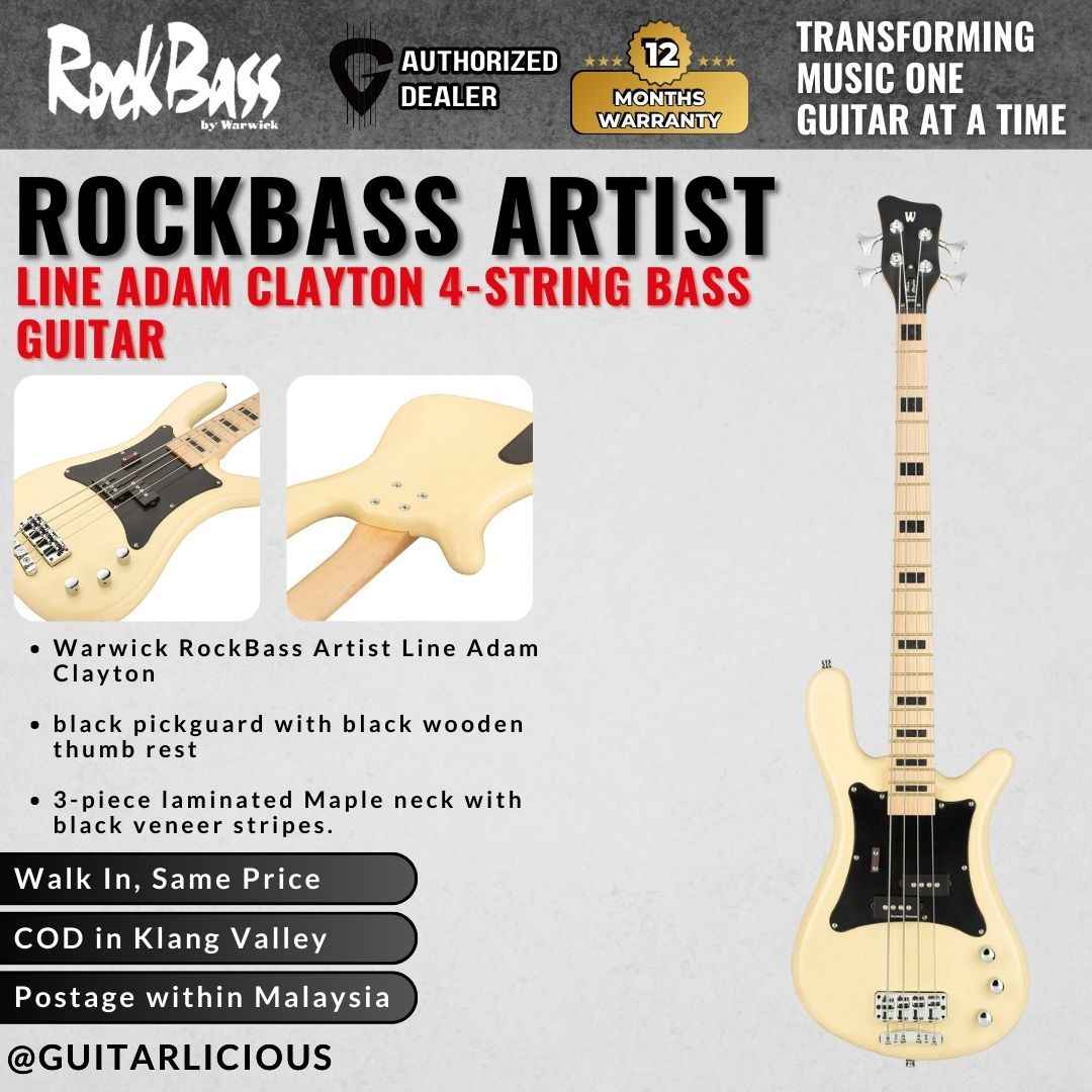 Warwick RockBass Artist Line Adam Clayton 4-String Bass Guitar, Solid Creme White High Polish