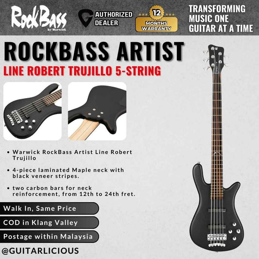 Warwick RockBass Artist Line Robert Trujillo 5-String Bass Guitar, Solid Black Satin