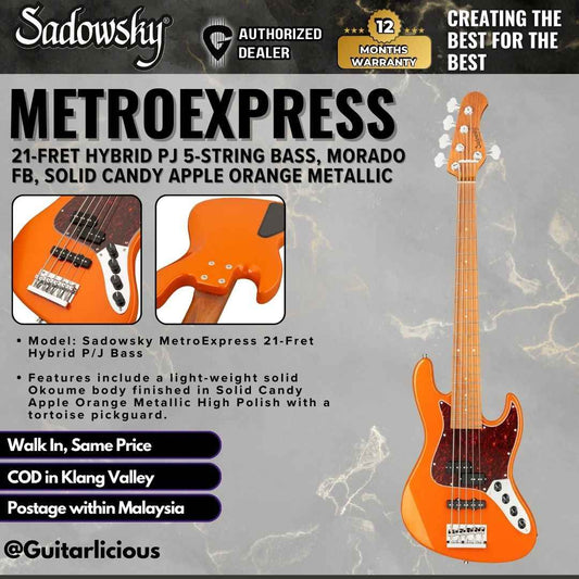 Sadowsky MetroExpress 21-Fret Hybrid PJ 5-String Bass, Morado FB, Solid Candy Apple Orange Metallic