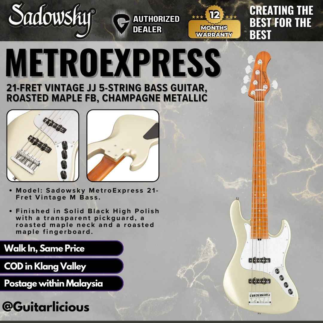 Sadowsky MetroExpress 21-fret Vintage JJ 5-String Bass Guitar, Roasted Maple FB, Champagne Metallic