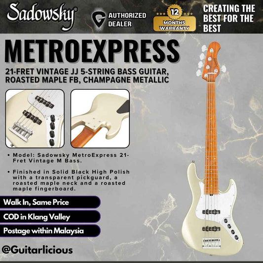 Sadowsky MetroExpress 21-fret Vintage JJ 5-String Bass Guitar, Roasted Maple FB, Champagne Metallic