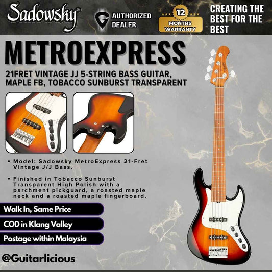 Sadowsky MetroExpress 21Fret Vintage JJ 5-String Bass Guitar, Maple FB, Tobacco Sunburst Transparent