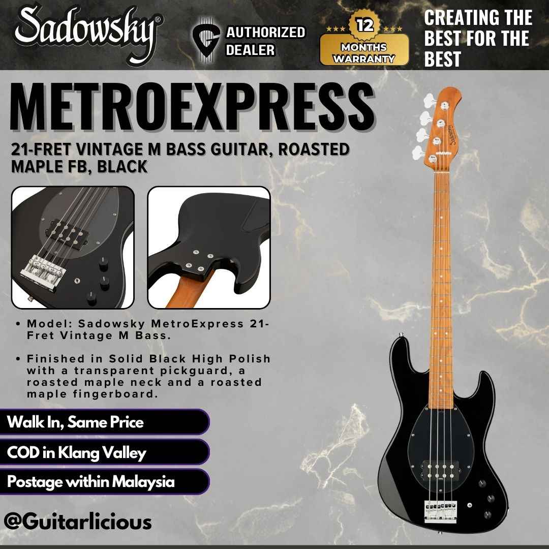 Sadowsky MetroExpress 21-fret Vintage M Bass Guitar, Roasted Maple FB, Black