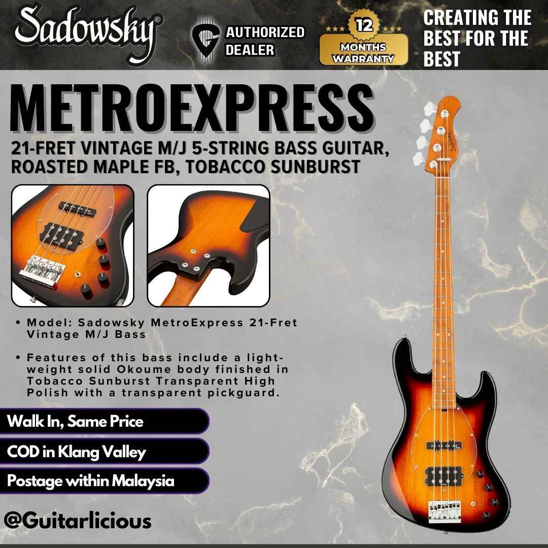Sadowsky MetroExpress 24-Fret Modern 5-String Bass, Roasted Maple FB, Tobacco Sunburst Transparent