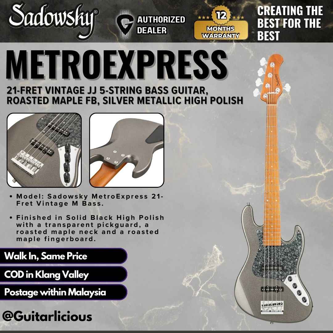 Sadowsky MetroExpress 21Fret Vintage JJ 5-String Bass Guitar, Morado FB, Silver Metallic High Polish