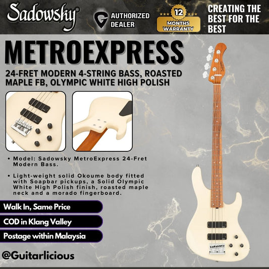 Sadowsky MetroExpress 24-Fret Modern 4-String Bass, Roasted Maple FB, Olympic White High Polish