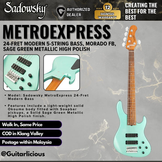 Sadowsky MetroExpress 24-Fret Modern 5-String Bass, Morado FB, Sage Green Metallic High Polish