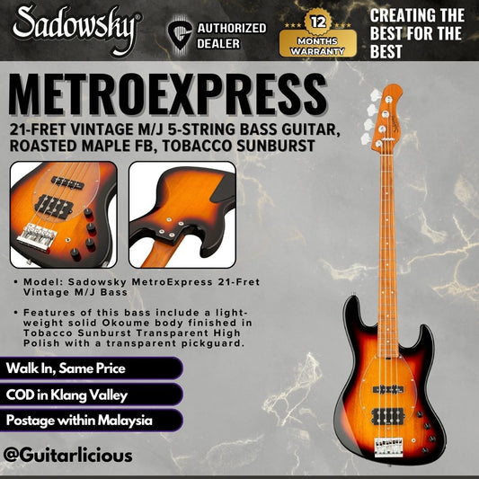Sadowsky MetroExpress 21-Fret Vintage M/J 5-String Bass Guitar, Roasted Maple FB, Tobacco Sunburst