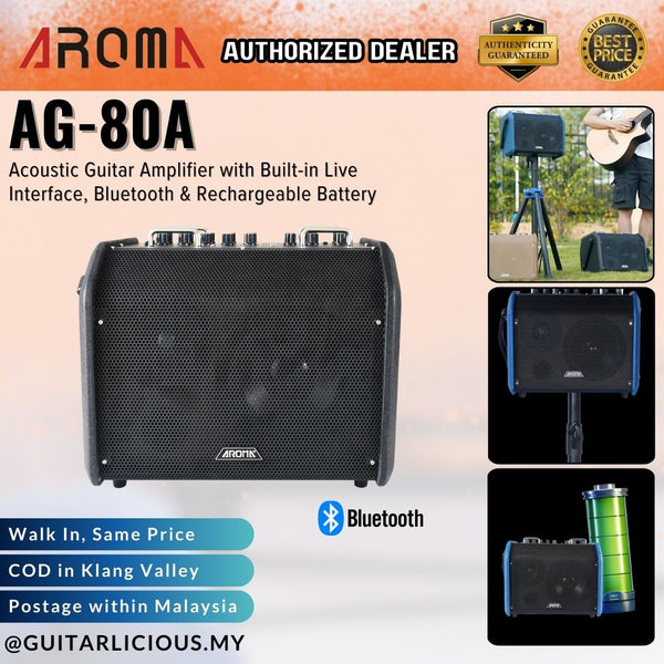 AROMA AG-80A Acoustic Guitar Amplifier with Built-in Live Interface, Bluetooth & Rechargeable Battery – Black (AG80A / AG 80A) - ( Website Clearance)