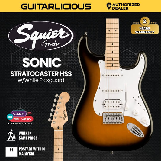 Squier Sonic Stratocaster HSS Electric Guitar With Black Pickguard, Maple FB - 2-Color Sunburst