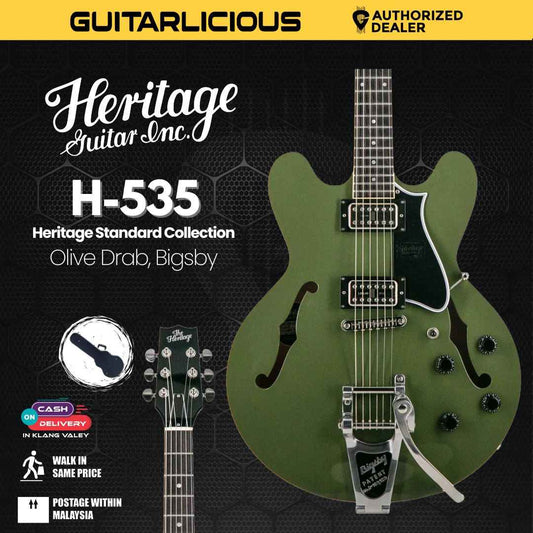 Heritage Standard Collection H-535 Electric Guitar w/Case, Olive Drab, Bigsby