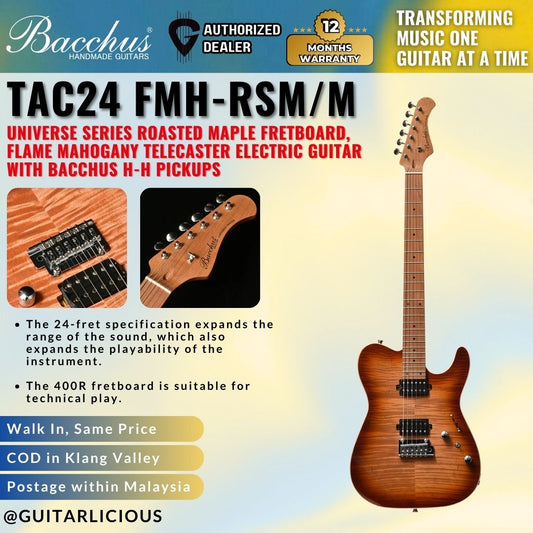 Bacchus TAC24 FMH-RSM/M Universe Series Roasted Maple Fretboard, Flame Mahogany Telecaster Electric Guitar with Bacchus H-H Pickups - Natural Brown Burst