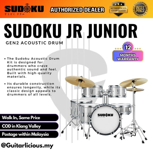 Sudoku JR Junior Gen2 Acoustic Drum Set with Cymbals - Silver White