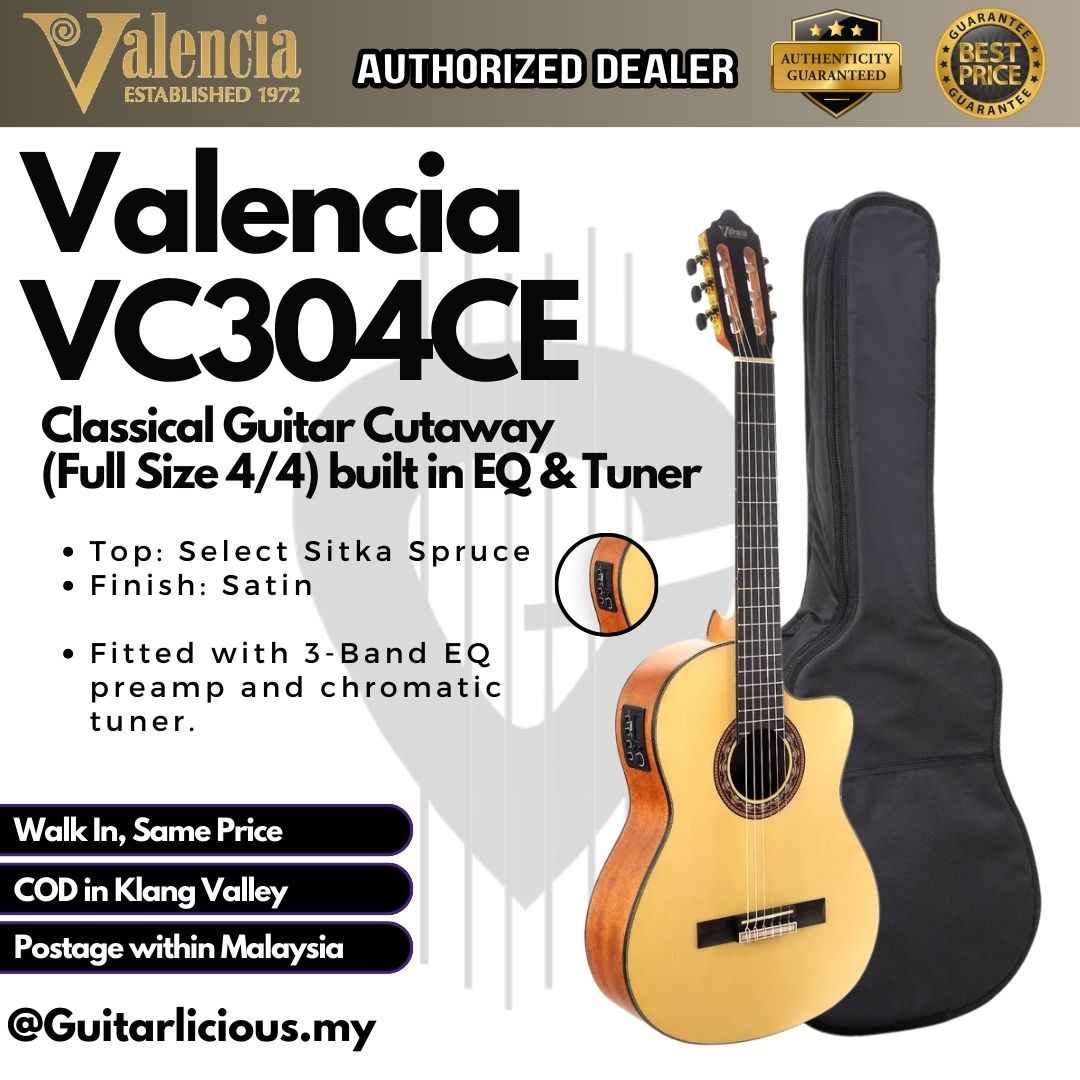 Valencia VC304CE Classical Guitar Cutaway (Full Size 4/4) built in EQ & Tuner and FREE BAG