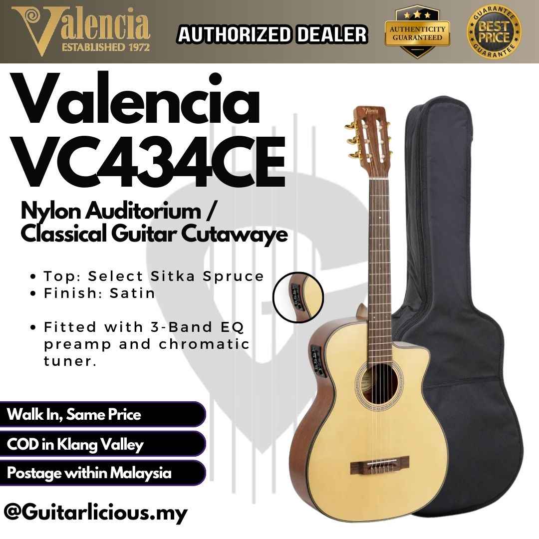 Valencia VC434CE Nylon Auditorium / Classical Guitar Cutaway (Full Size 4/4) built in EQ & Tuner and FREE BAG