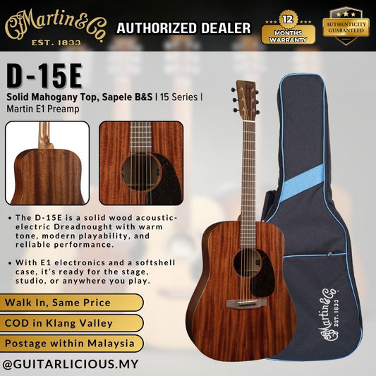 Martin D-15E | Solid Mahogany Top, Sapele B&S | 15 Series | Martin E1 Preamp | Gig Bag