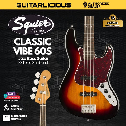 Squier Classic Vibe 60s Jazz Bass Guitar, Laurel FB - 3-Tone Sunburst