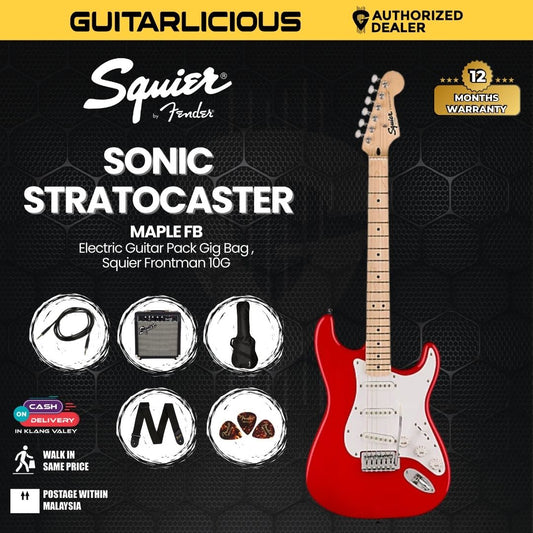 Squier Sonic SSS Stratocaster Electric Guitar Pack Gig Bag , Squier Frontman 10G , Maple FB - Torino Red