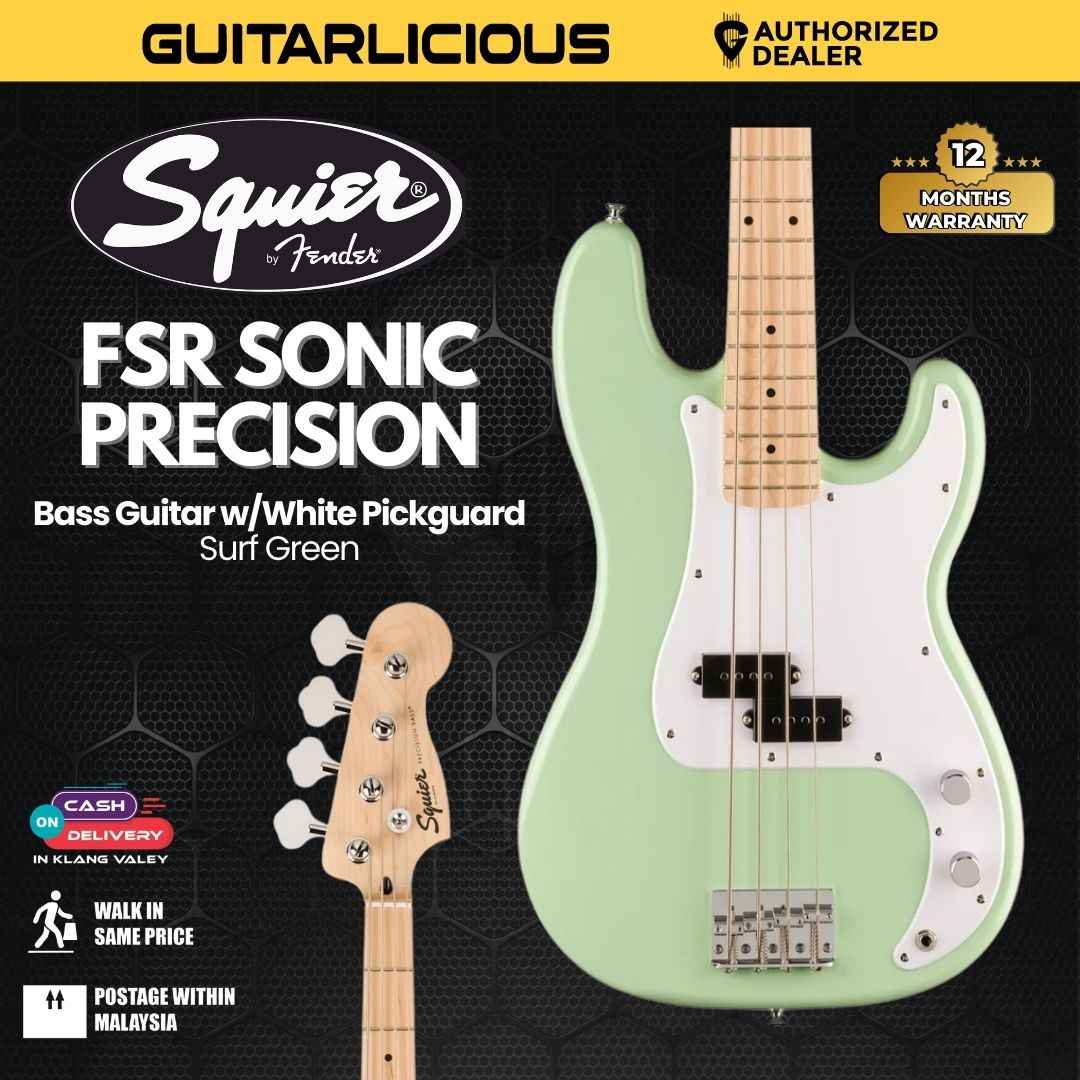 Squier FSR Sonic Precision Bass Guitar w/White Pickguard, Maple FB, Surf Green
