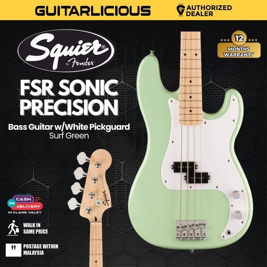 Squier FSR Sonic Precision Bass Guitar w/White Pickguard, Maple FB, Surf Green