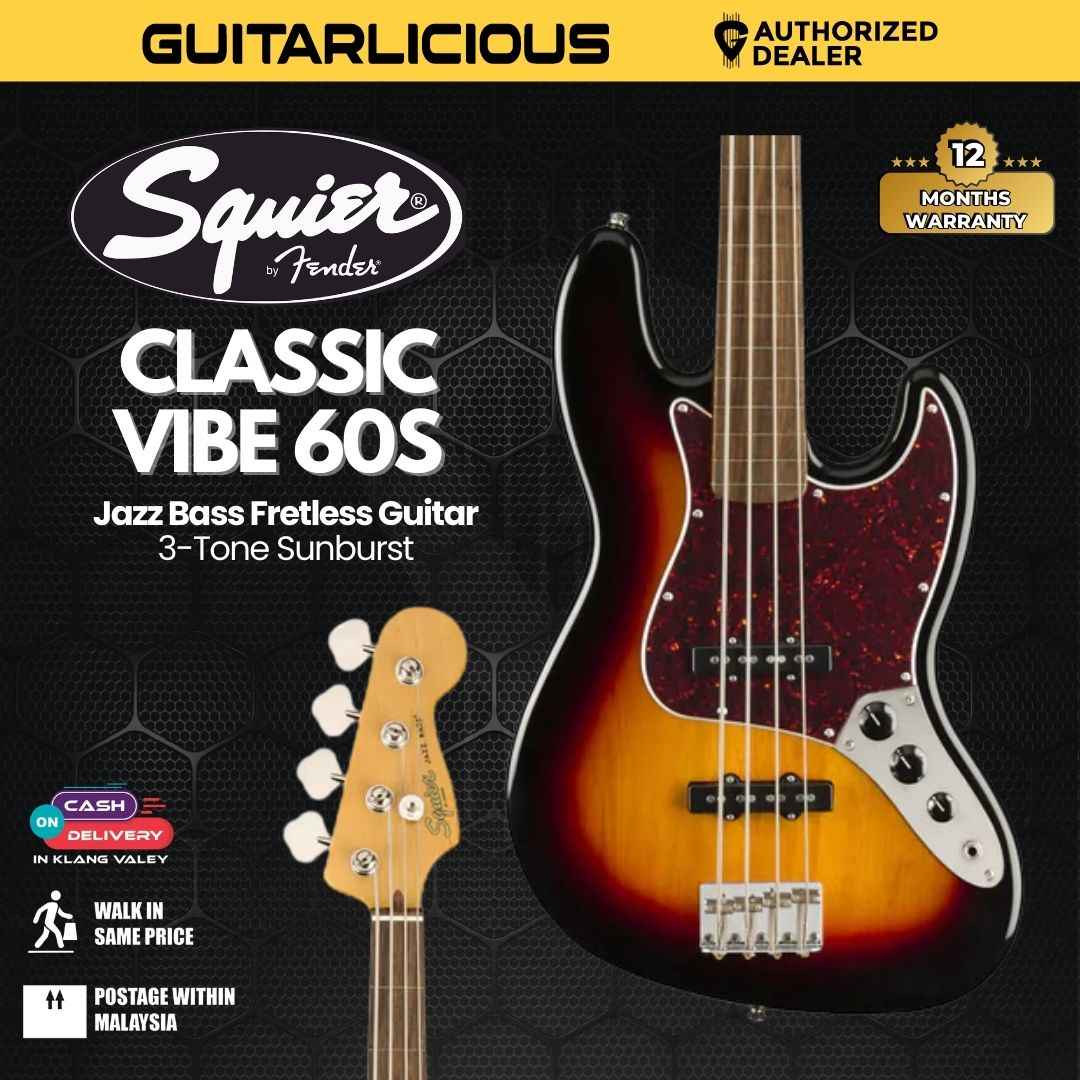 Squier Classic Vibe 60s Jazz Bass Fretless Guitar, Laurel FB, 3-Tone Sunburst