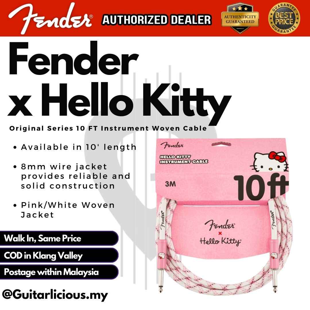 Fender Original Series 10 FT Hello Kitty Instrument Woven Cable, White/Pink