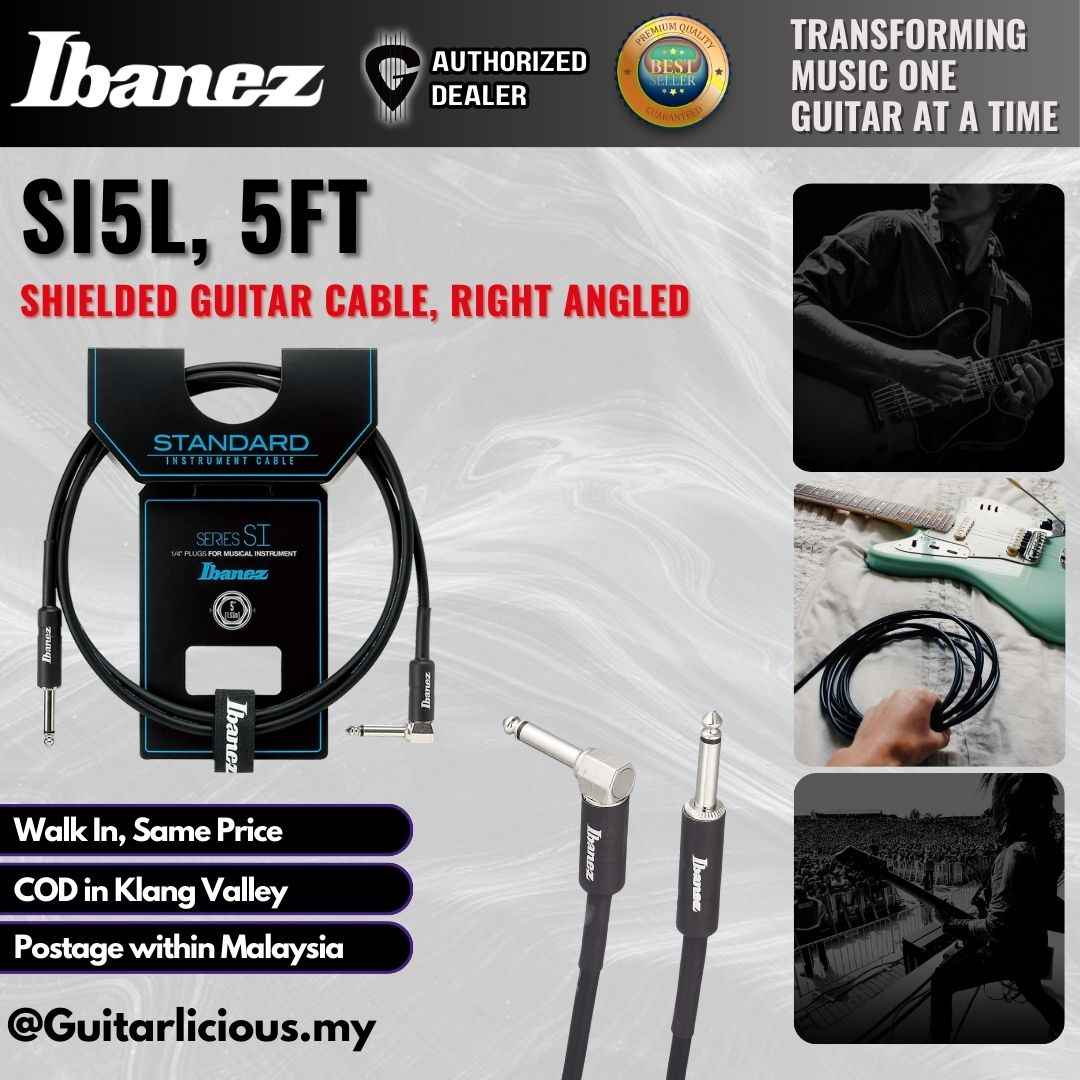 Ibanez SI5L Shielded Guitar Cable, 5 ft Right Angled, Black( IBASI5L / IBA-SI5L )
