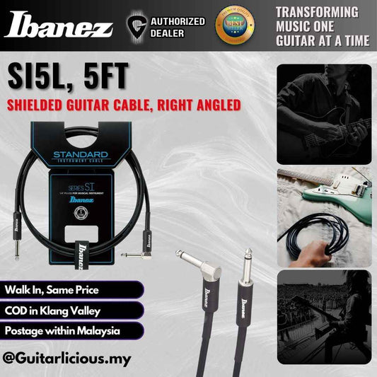 Ibanez SI5L Shielded Guitar Cable, 5 ft Right Angled, Black( IBASI5L / IBA-SI5L )