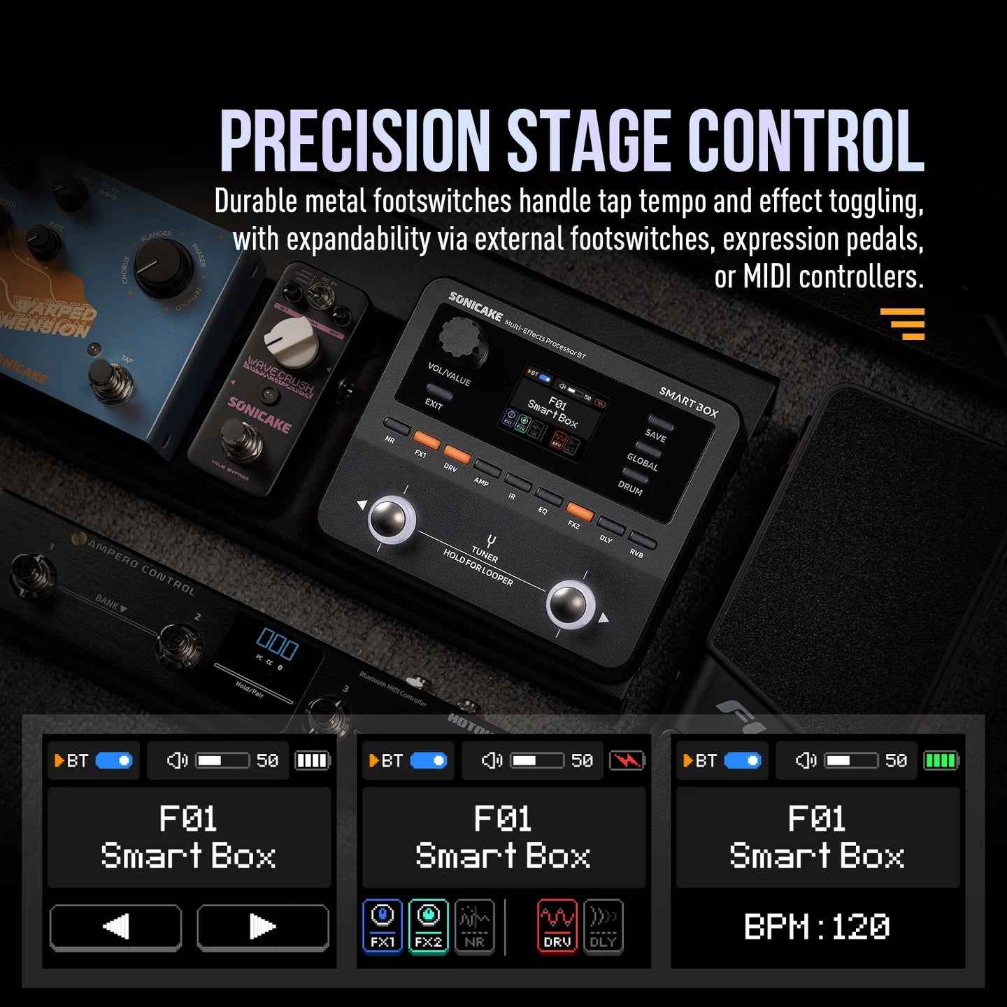 SONICAKE Smart Box Multi-Effects Processor for Guitar & Bass 130+ Effects, NAM/IR Support, Looper, Built-in Tuner/Metronome, USB Audio Interface, Stereo Output - QME-20 / QME20