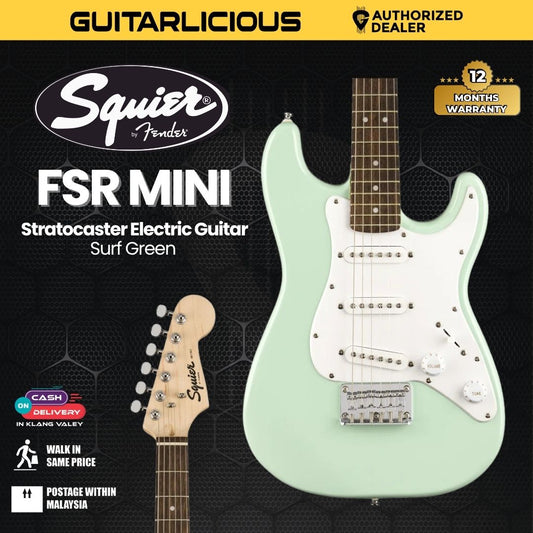 Squier FSR Mini Stratocaster Electric Guitar, Laurel FB, Surf Green