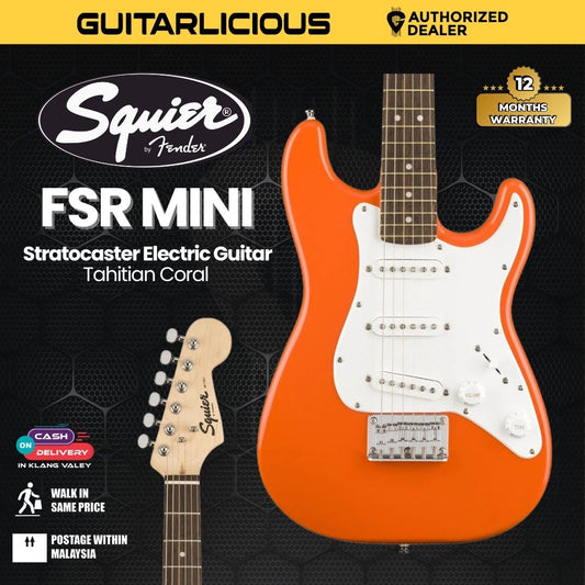 Squier FSR Mini Stratocaster Electric Guitar, Maple FB, Tahitian Coral