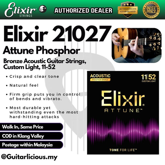 Elixir 21027 Attune Phosphor Bronze Acoustic Guitar Strings, Custom Light, 11-52