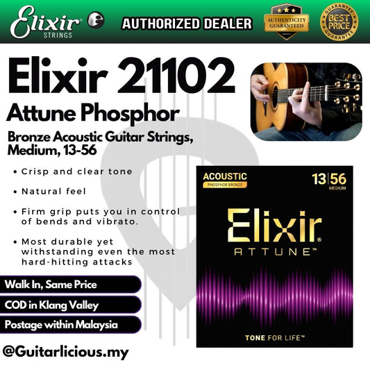 Elixir 21102 Attune Phosphor Bronze Acoustic Guitar Strings, Medium, 13-56