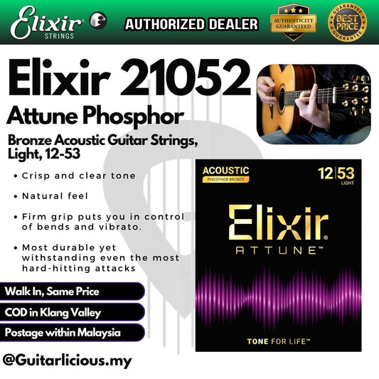 Elixir 21052 Attune Phosphor Bronze Acoustic Guitar Strings, Light, 12-53