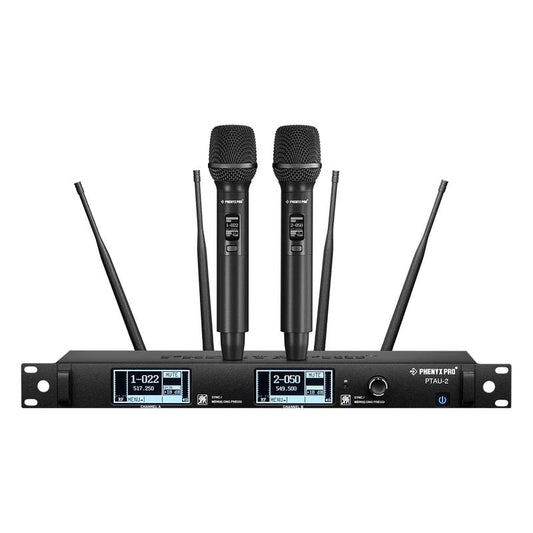 Phenyx Pro PTAU-2 True Diversity 2-Channel Wireless Microphone System ID Lock Auto Scan Cordless Mic