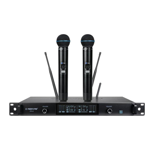 Phenyx PTI-2 UHF Wireless Mic System Dual Mics Auto Sync Adaptive RF Talkback for Live Show Event