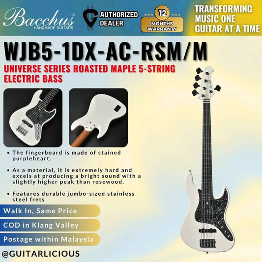 Bacchus WJB5-1DX-AC-RSM/M Universe Series Roasted Maple 5-String Electric Bass - Pearl White