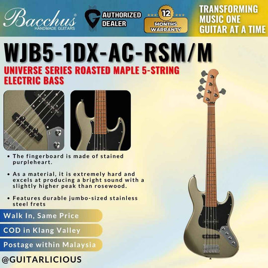 Bacchus WJB5-1DX-AC-RSM/M Universe Series Roasted Maple 5-String Electric Bass - Misty Dawn Gold