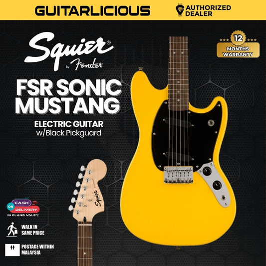 Squier FSR Sonic Mustang Electric Guitar w/Black Pickguard, Laurel FB, Graffiti Yellow