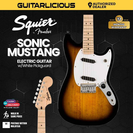 Squier Sonic Mustang Electric Guitar w/White Pickguard, Maple FB, 2-Color Sunburst