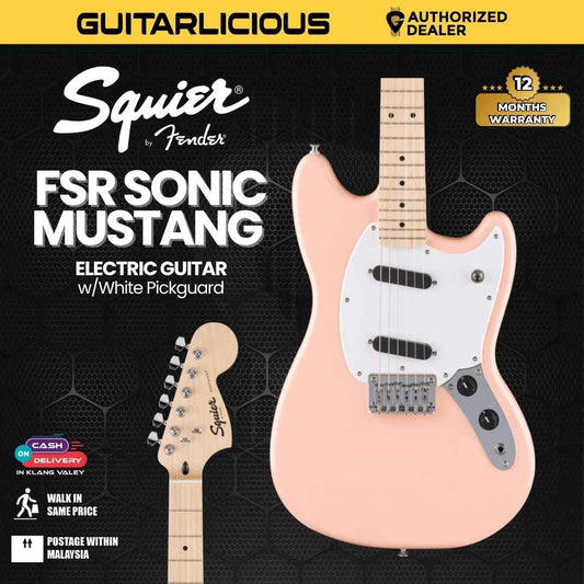 Squier FSR Sonic Mustang Electric Guitar w/White Pickguard, Maple FB, Shell Pink