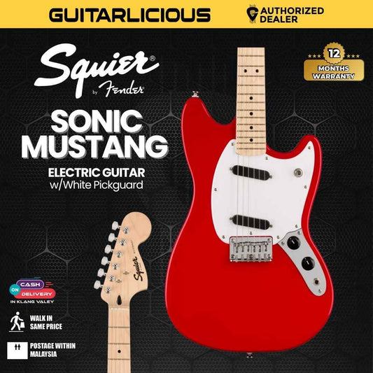 Squier Sonic Mustang Electric Guitar w/White Pickguard, Maple FB, Torino Red
