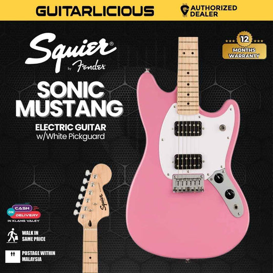 Squier Sonic Mustang HH Electric Guitar w/White Pickguard, Maple FB, Flash Pink