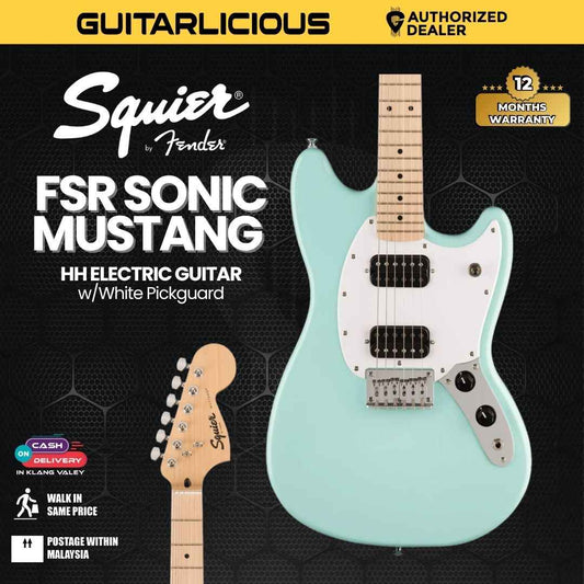 Squier FSR Sonic Mustang HH Electric Guitar w/White Pickguard, Maple FB, Sonic Blue