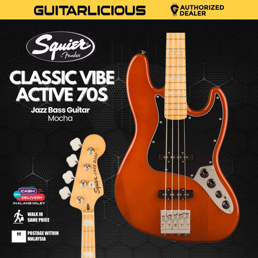 Squier Classic Vibe Active 70s Jazz Bass Guitar, Maple FB, Mocha