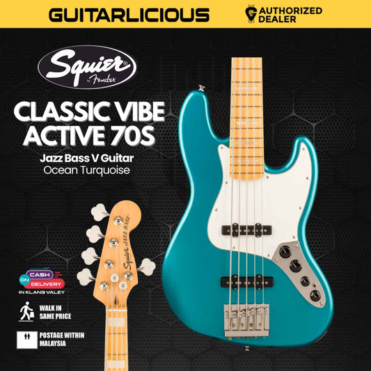 Squier Classic Vibe Active 70s Jazz Bass V Guitar, Maple FB, Ocean Turquoise
